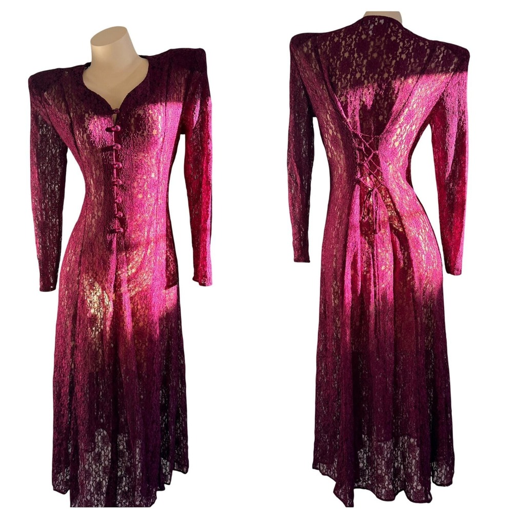 Vtg Whimsigoth Lace Maxi Dress Burgundy Red Corset Back Long Sleeve Sheer Midi